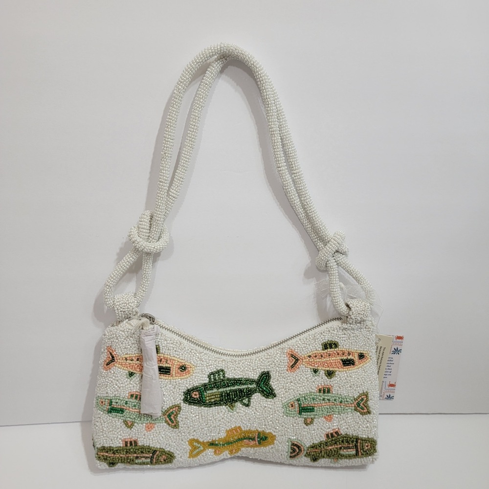 Handcrafted India Beaded Sardine Fish Trout Shoulder Bag Baguette Purse Coastal